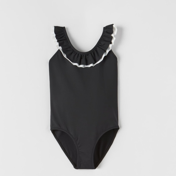 NWT. Zara Kids Black Contrasting Ruffled Swimsuit. Size 9-10, 11-12.